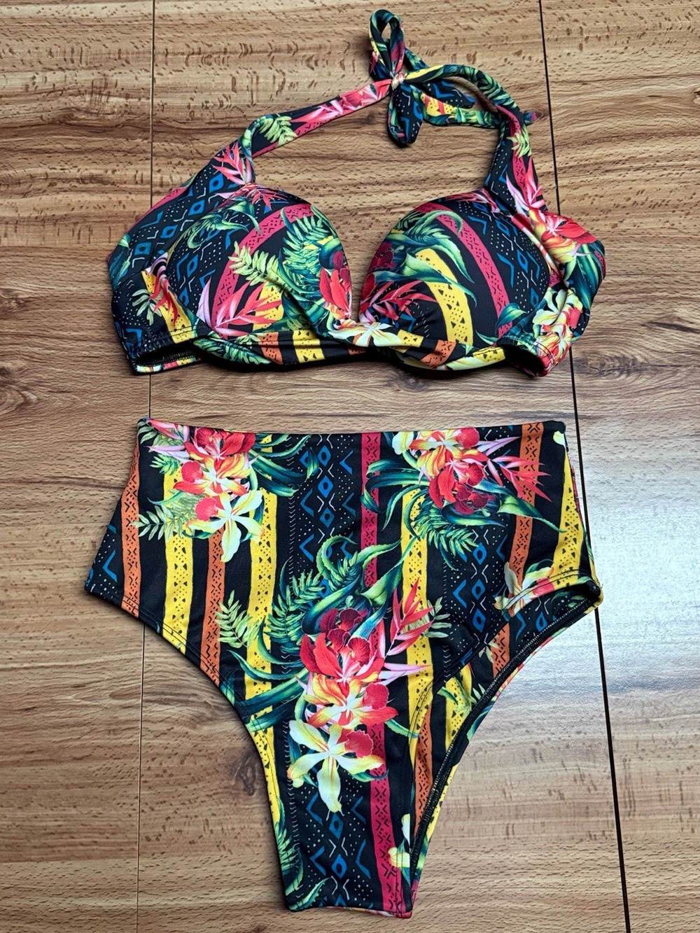Women’s Multicolor Ethnic Tropical Floral Print High-Waist Bikini Set